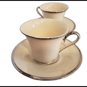 2 Lenox China Solitaire Pattern Footed Tea Cup & Saucer White Platinum Trim